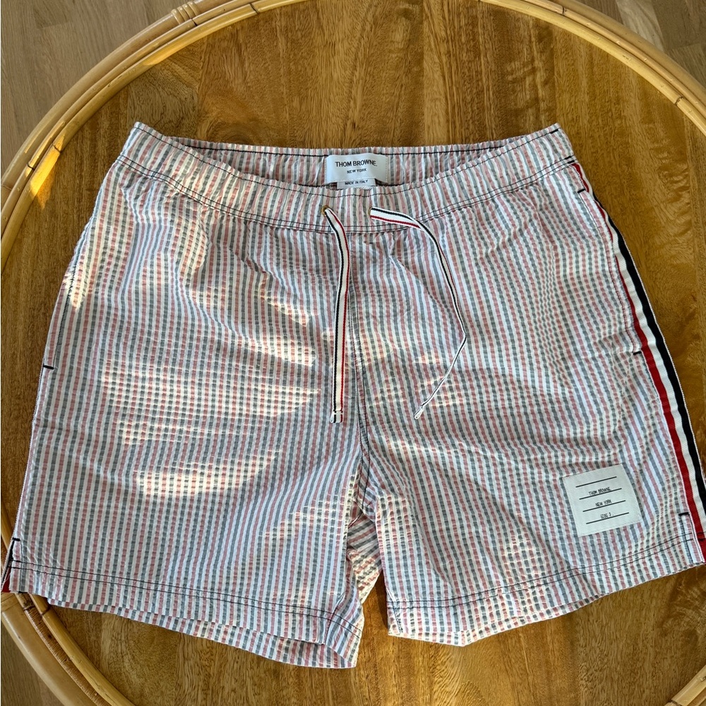 Thom Browne Blue and Red Striped Swim Trunks